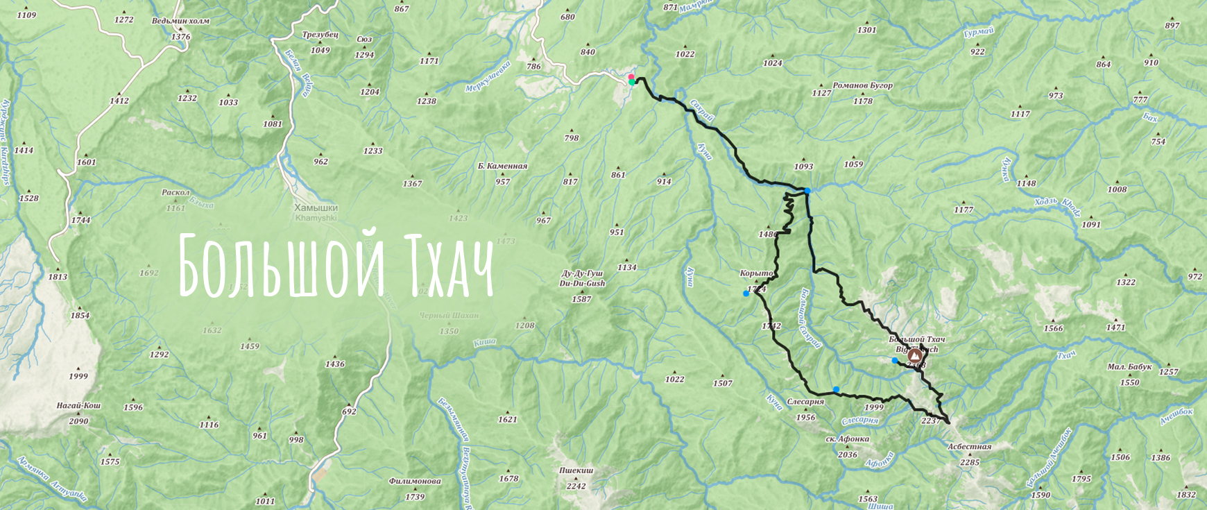 Маршрут похода на гору Большой Тхач